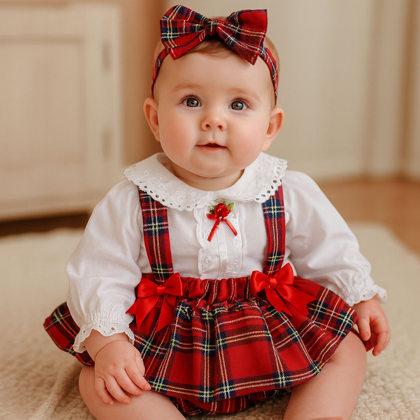 Baby wearing a red plaid outfit with a bow headband on a neutral background