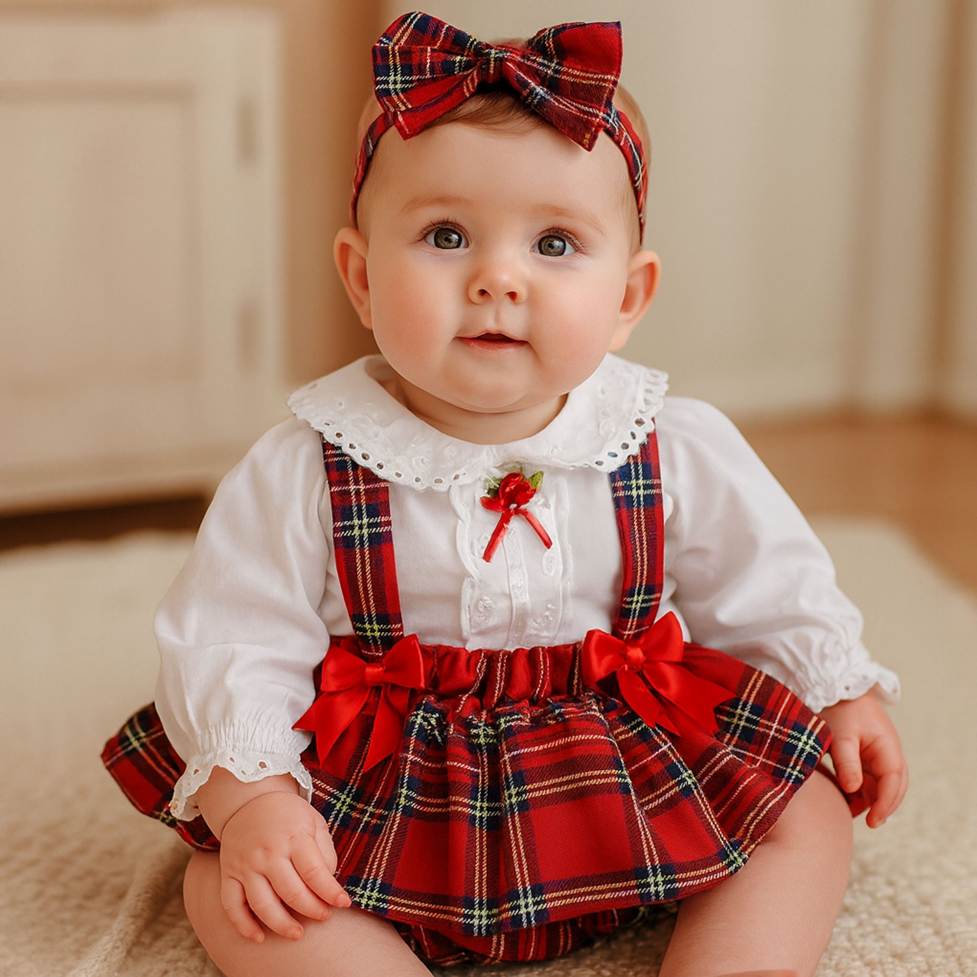 Baby wearing a red plaid outfit with a bow headband on a neutral background
