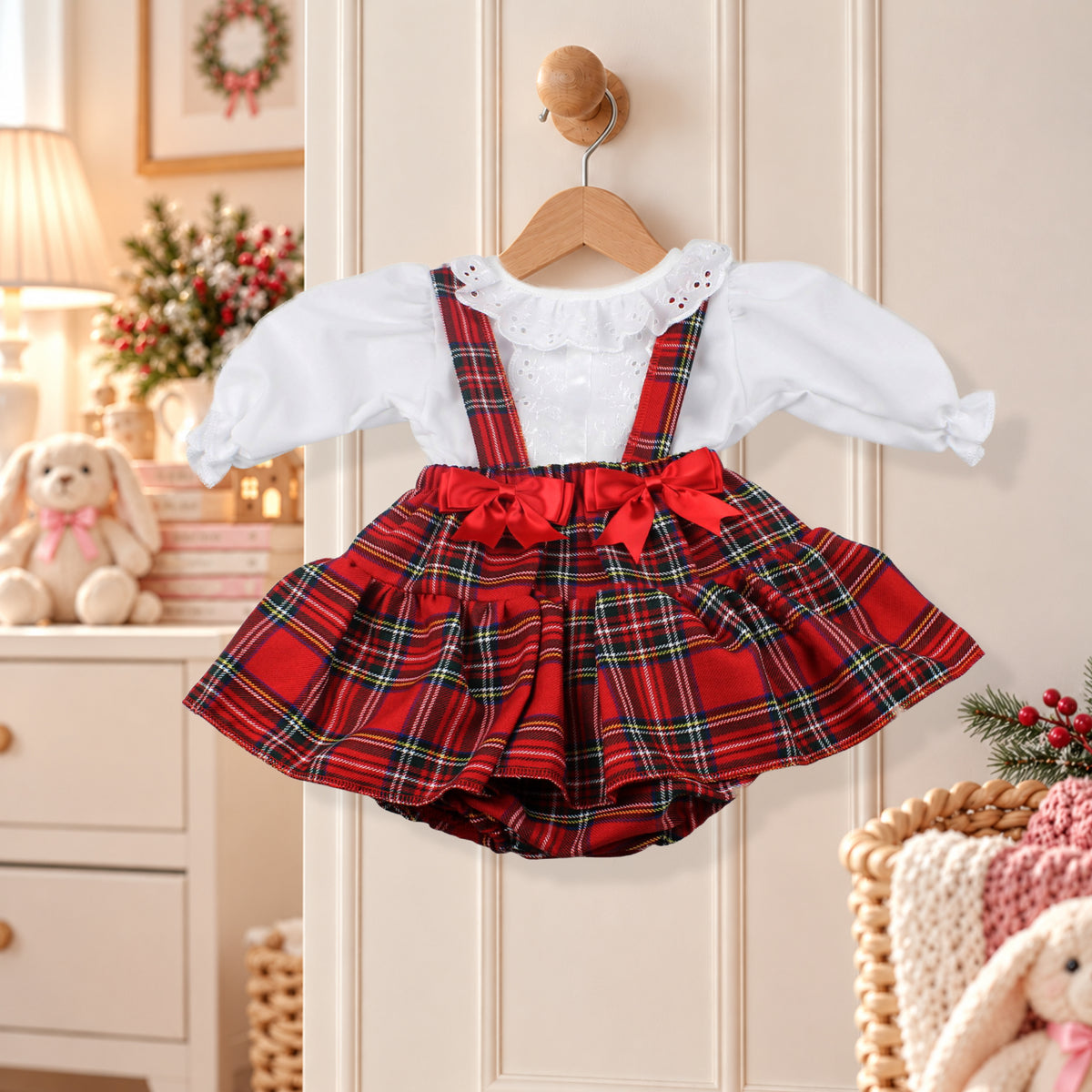 Baby Girl Red Tartan Outfit - Blouse and Jam Pants Dress -Ruff Collar