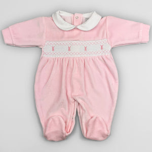 Baby Girls Velour Sleepsuit – Pink with Smocking & Embroidered Bunnies | Pex