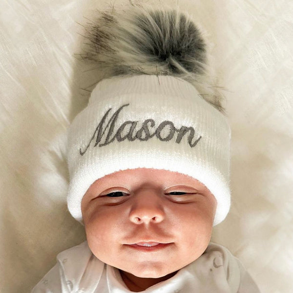 Personalised Baby Hat - White Pom Pom Hat Unisex