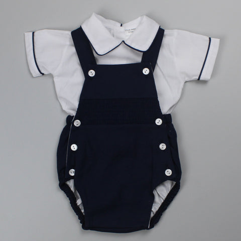 navy smocked romper and shirt