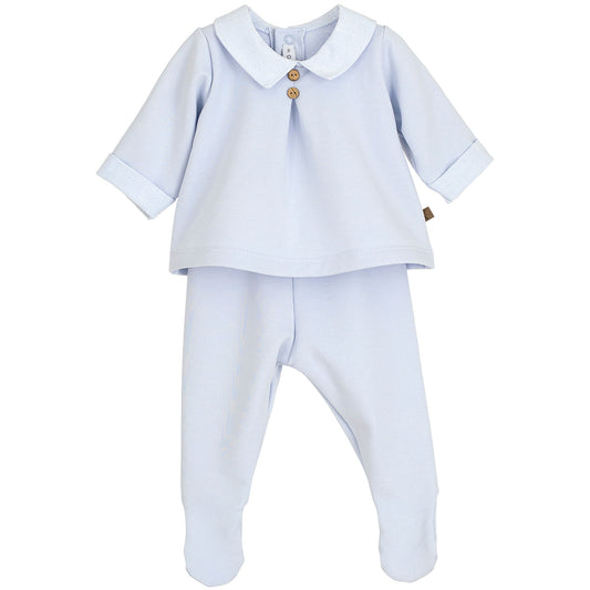Light blue baby outfit with shirt and pants on a white background