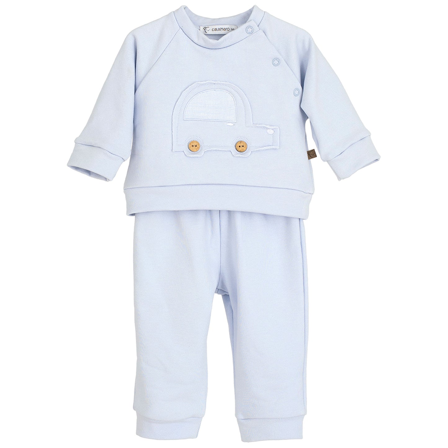 Light blue baby outfit with a matching hat on a white background