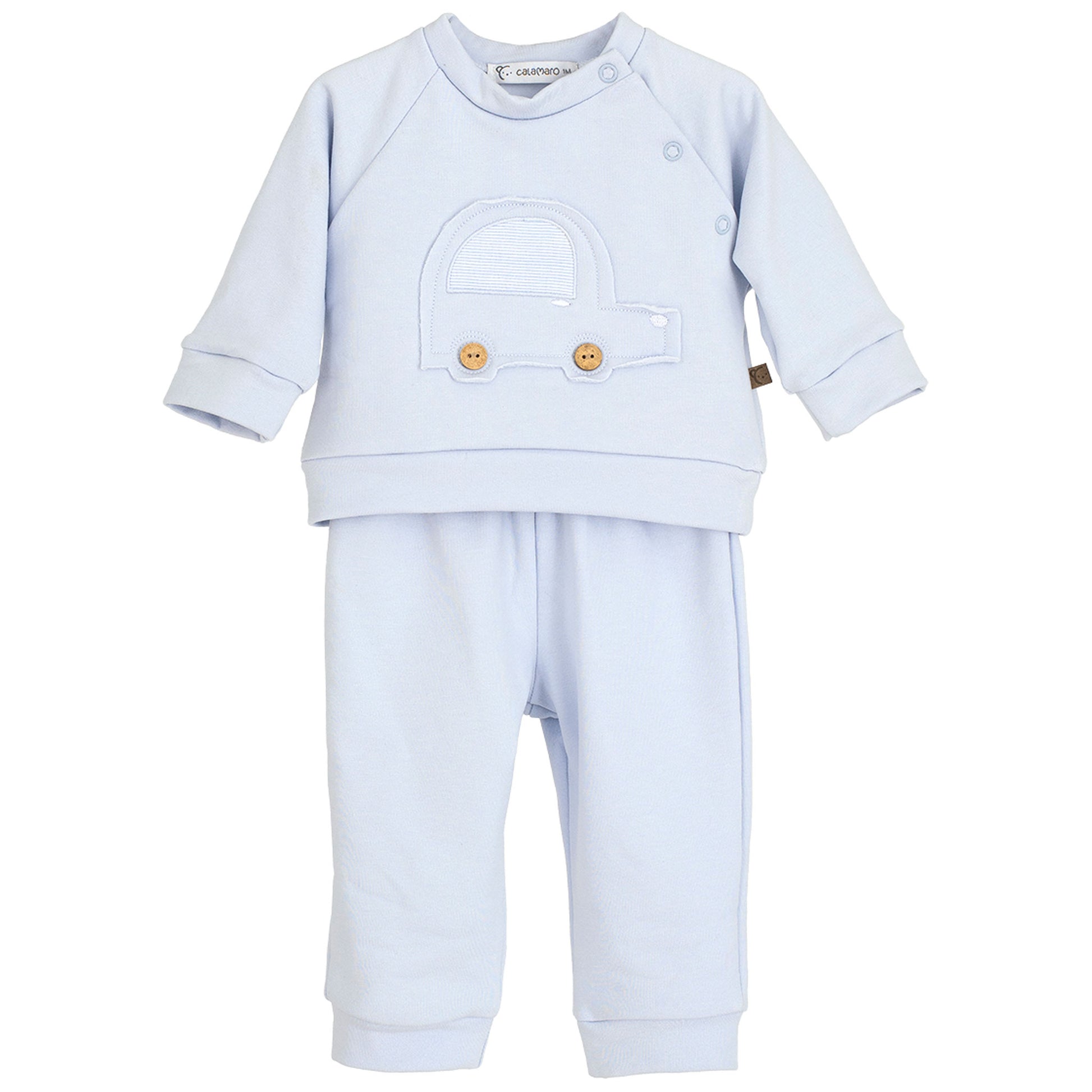 Light blue baby outfit with a matching hat on a white background