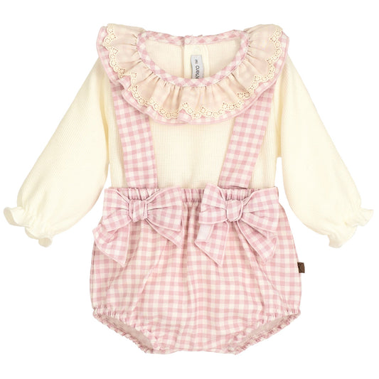 Cream and Pink Gingham Baby Romper with Ruffle Collar and Bow Detail-Calamaro