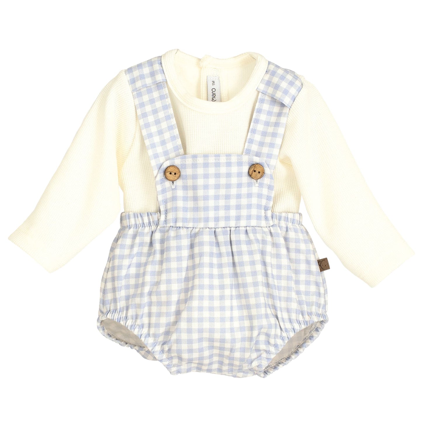 baby boys two piece outfit. cream knit with blue and white checked dungarees