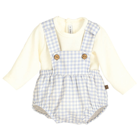 baby boys two piece outfit. cream knit with blue and white checked dungarees