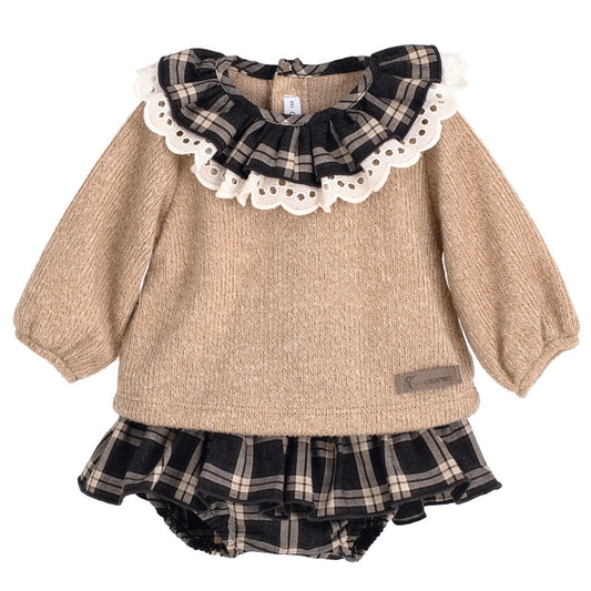 beige two piece outfit baby girls tartan