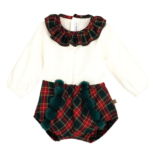 Baby outfit with plaid collar and matching bloomers on a white background