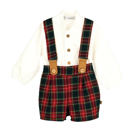 Children's outfit with plaid shorts and suspenders on a white background