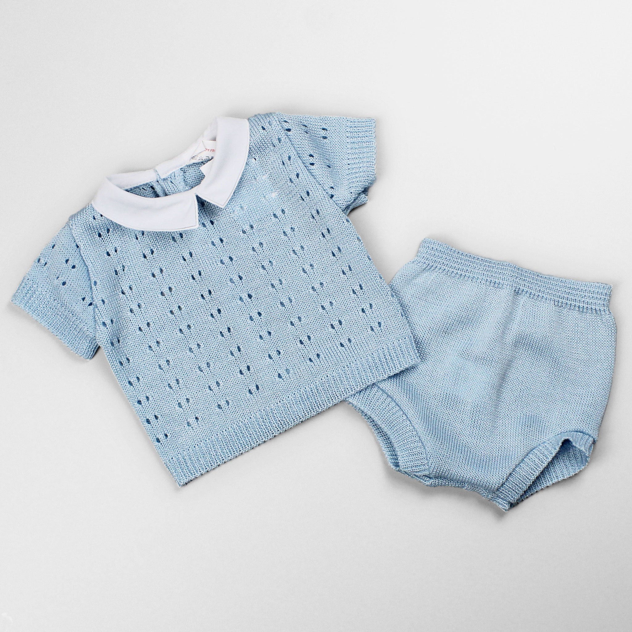 blue knitted baby two piece outfit