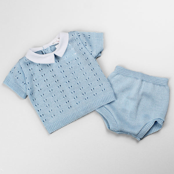 blue knitted baby two piece outfit