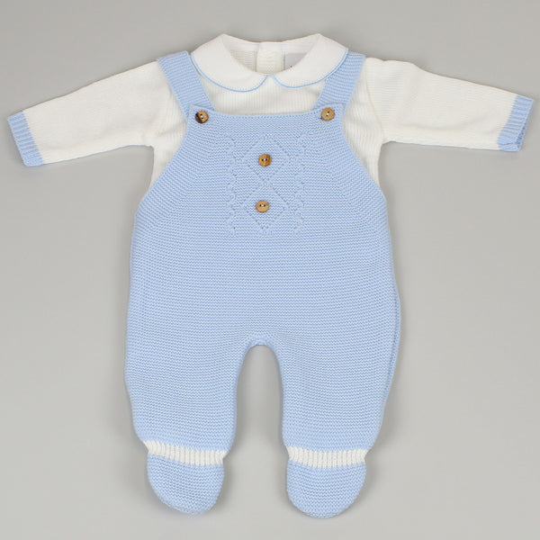baby boys blue dungarees with shirt knitted