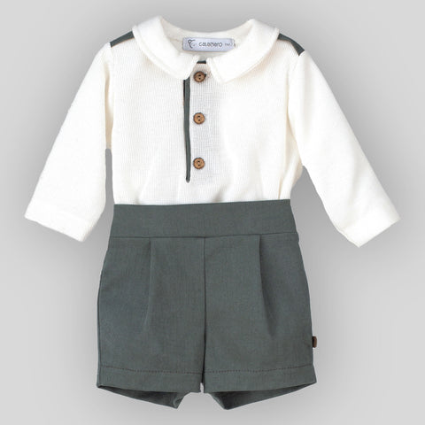 baby boys two piece outfit green shorts and white shirt