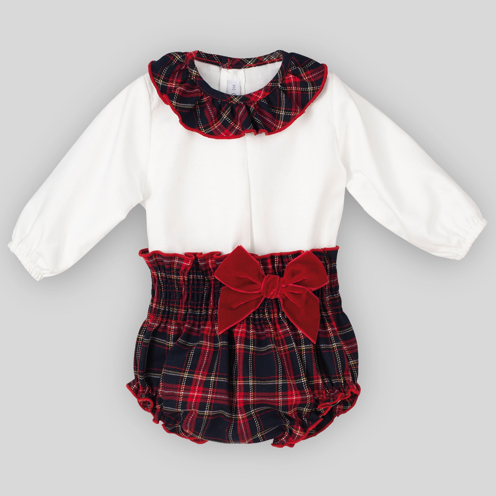 Red tartan jam pants and white shirt for baby girl