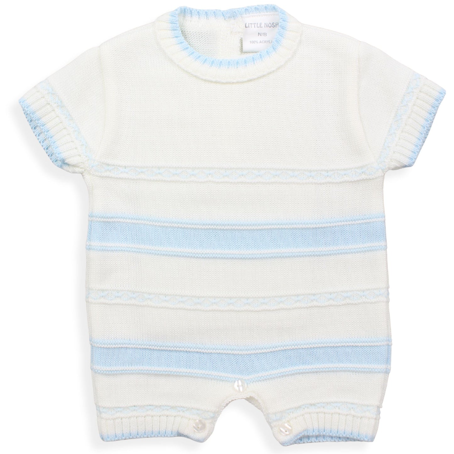 Baby romper with white and light blue stripes on a white background