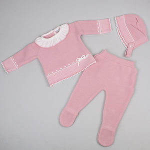 baby girls three piece knitted outfit dusky pink