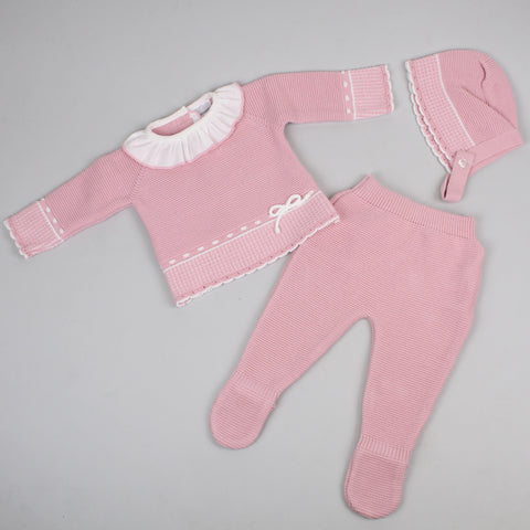 baby girls three piece knitted outfit dusky pink