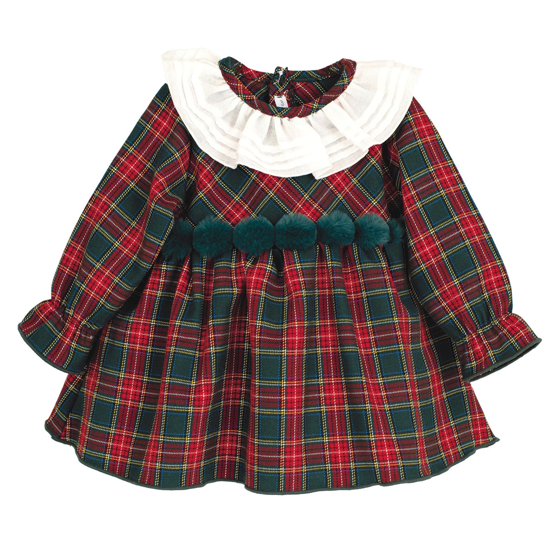 Plaid dress with white ruffled collar on a white background