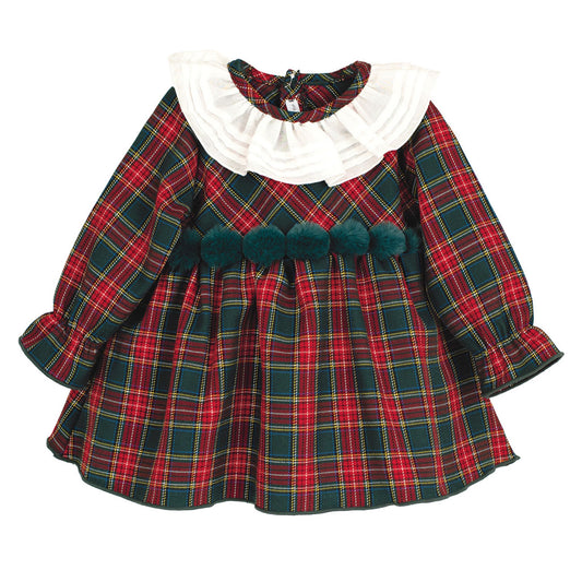 Plaid dress with white ruffled collar on a white background