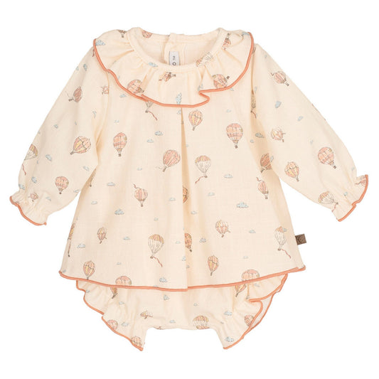 baby romper dress, hot air balloon baby clothes, baby muslin romper, printed baby outfit, cotton baby dress, baby girl romper, ruffle collar romper, cream baby outfit, baby outfit with bloomers