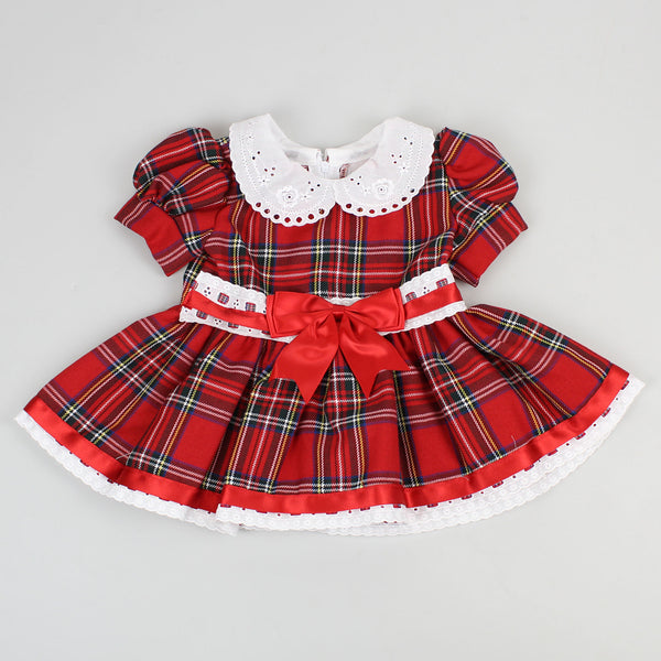 Baby Girls Slotted Red Tartan Dress with Red bows