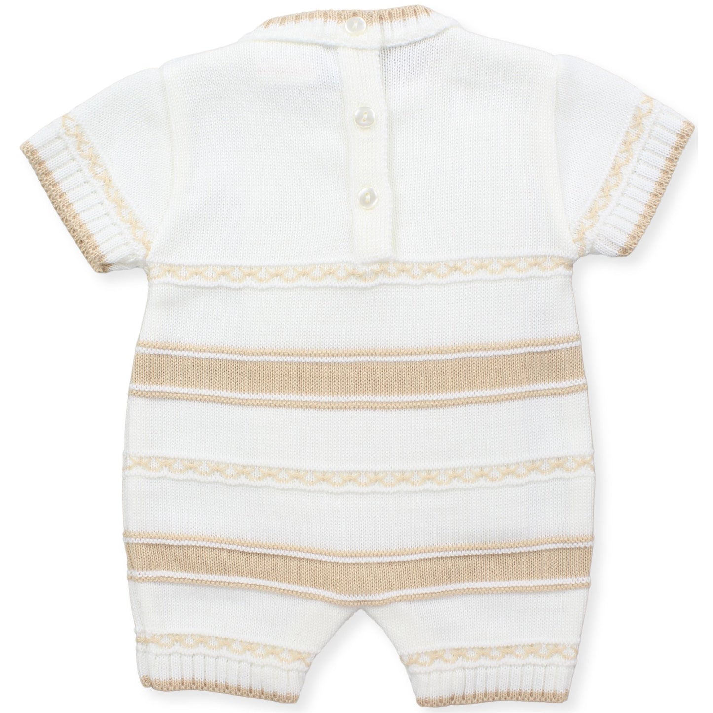 White and beige striped baby romper on a white background
