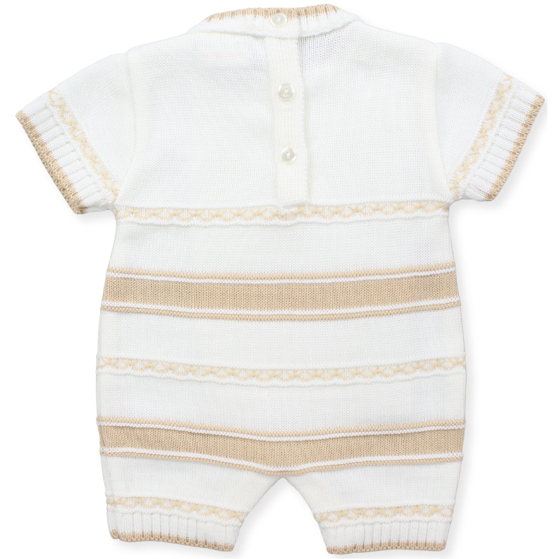 White and beige striped baby romper on a white background