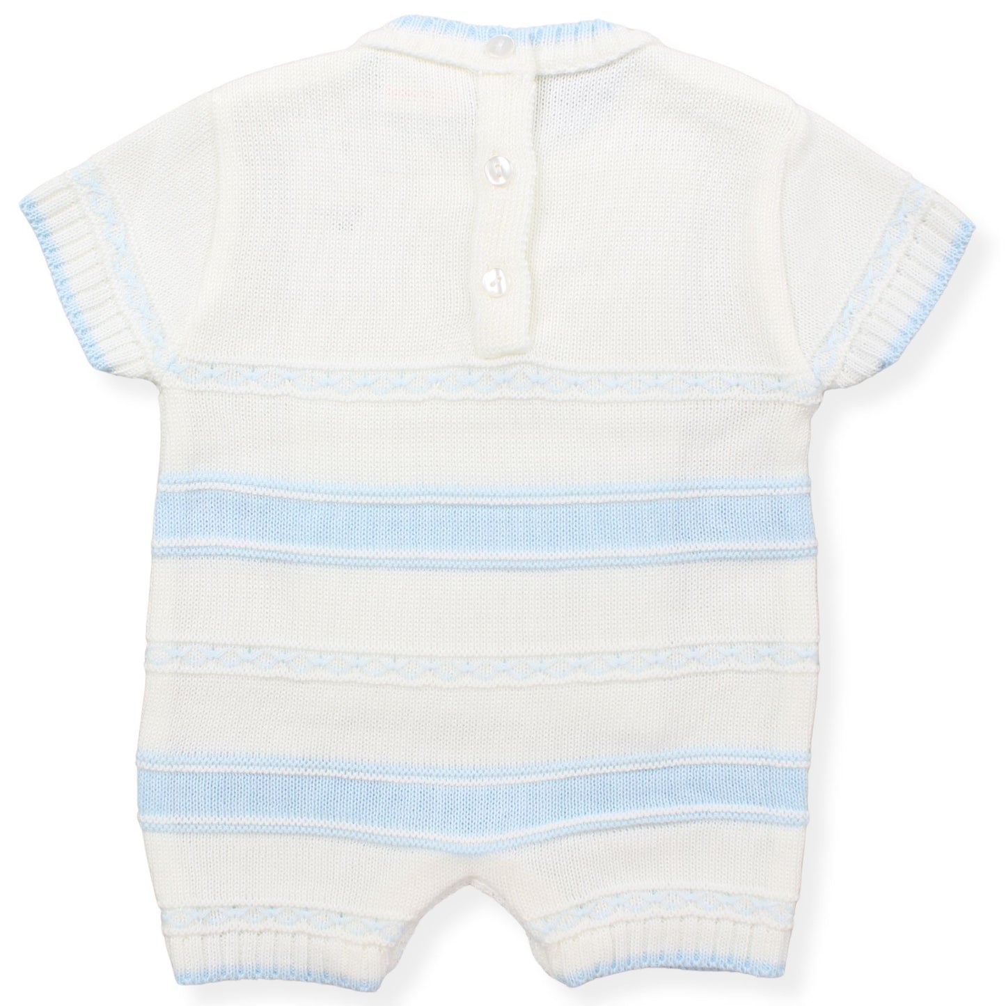 Baby romper with blue stripes on a white background