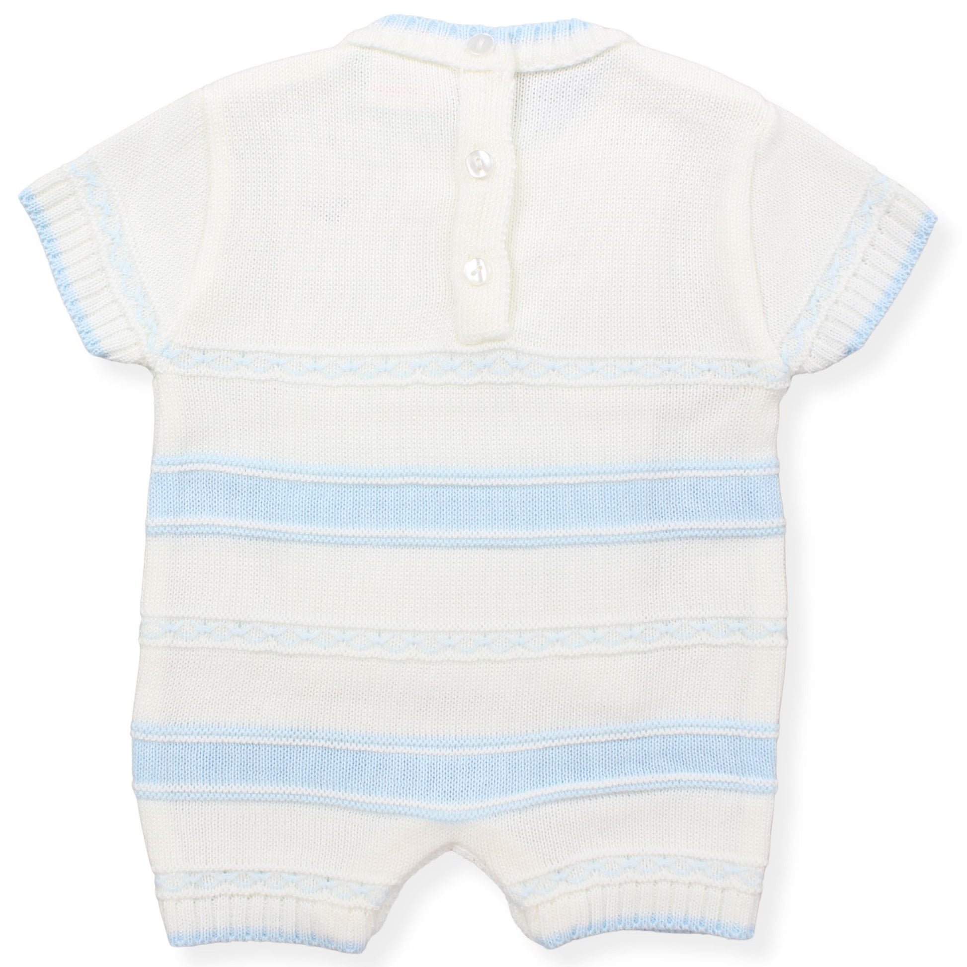 Baby romper with blue stripes on a white background