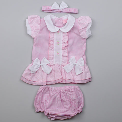 Baby Girls Pink Dress 3 Piece Set - Flowers, Stripes & Polka dots