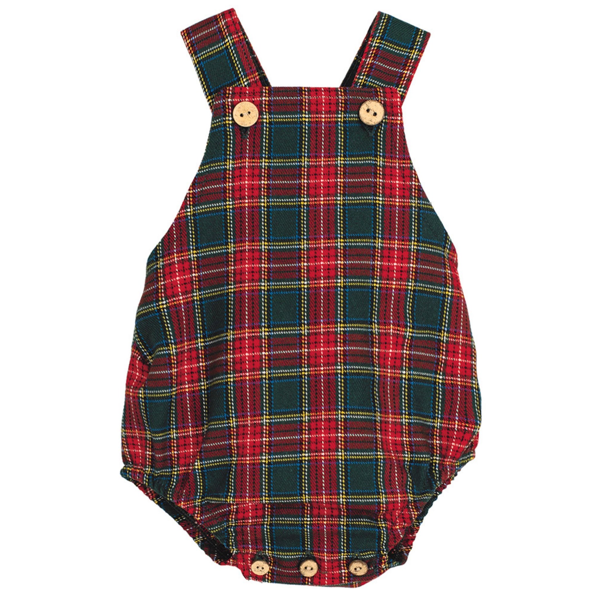 Plaid baby romper with button details on a white background