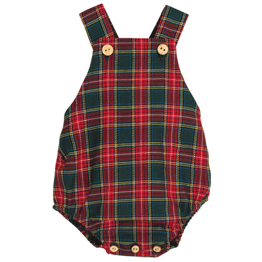 Plaid baby romper with button details on a white background