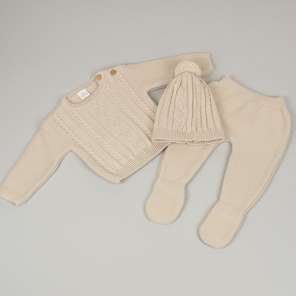 unisex knitted baby outfit in beige winter jumper leggings and hat