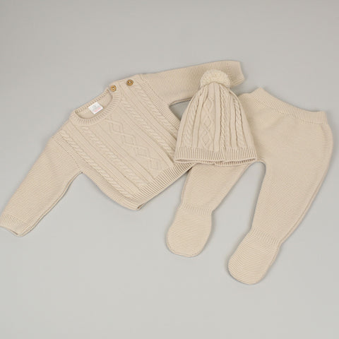 unisex knitted baby outfit in beige winter jumper leggings and hat