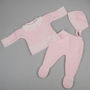 baby girls knitted three piece outfit with bonnet baby pink