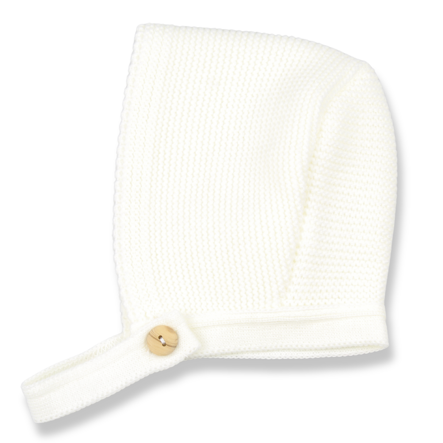 White knit baby hat with a gold button on a white background