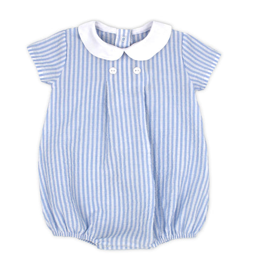 Blue and white striped baby romper with a white collar on a white background