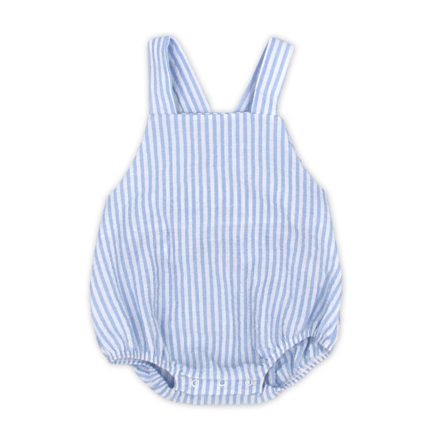 Blue and white striped baby romper on a white background