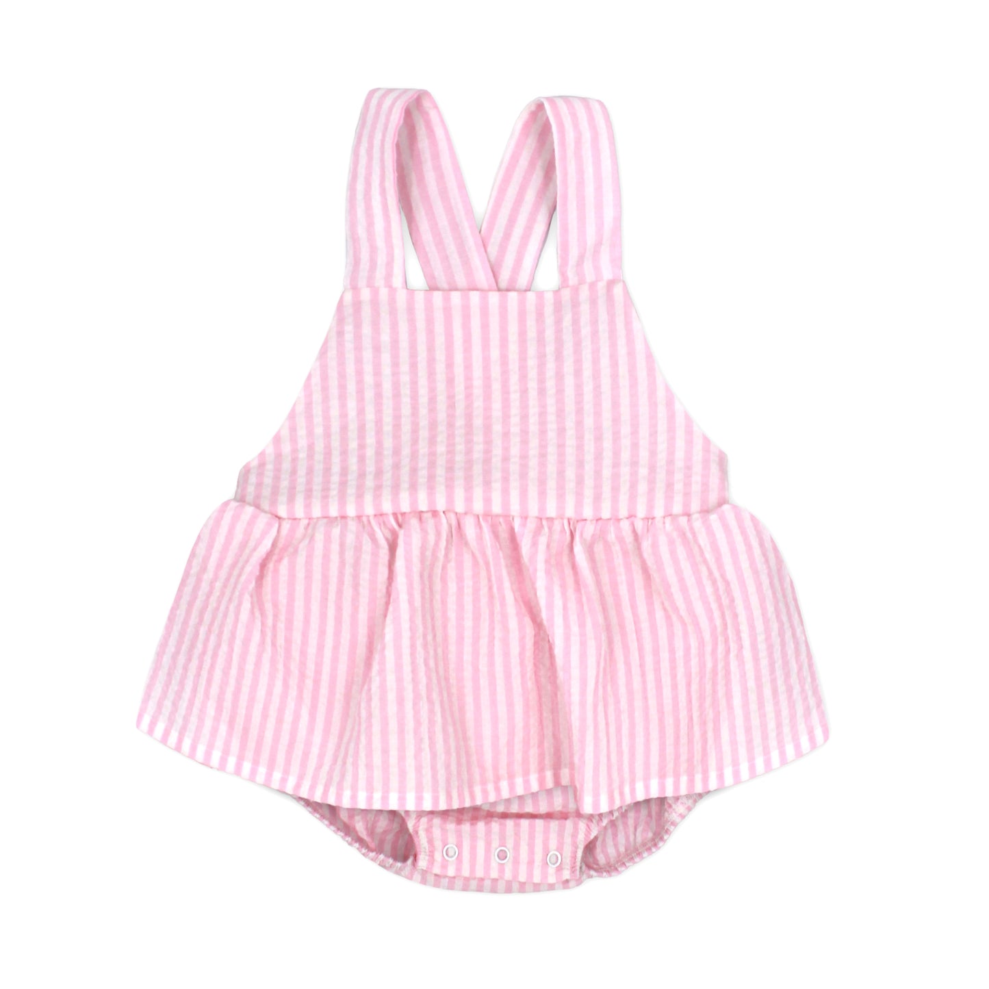 Pink and white striped baby romper on a white background