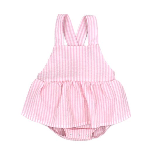 Pink and white striped baby romper on a white background