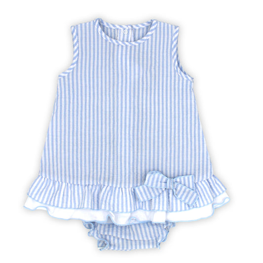 Blue and white striped baby dress with ruffled details on a white background