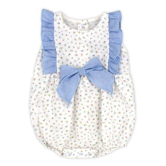 Baby romper with floral pattern and blue ruffled sleeves on a white background