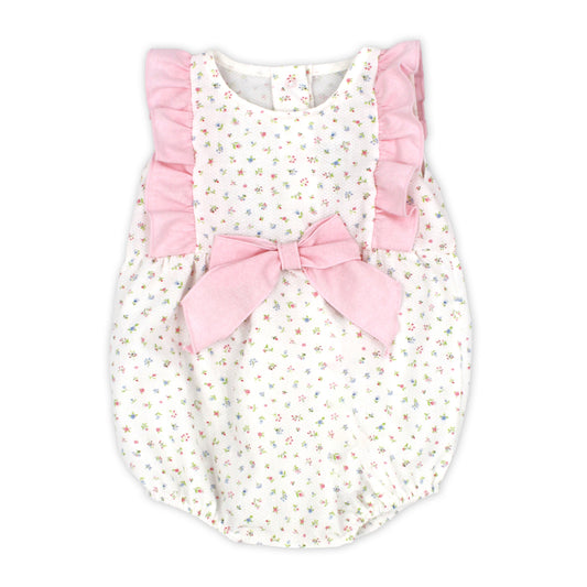 Baby romper with floral pattern and pink ruffles on a white background