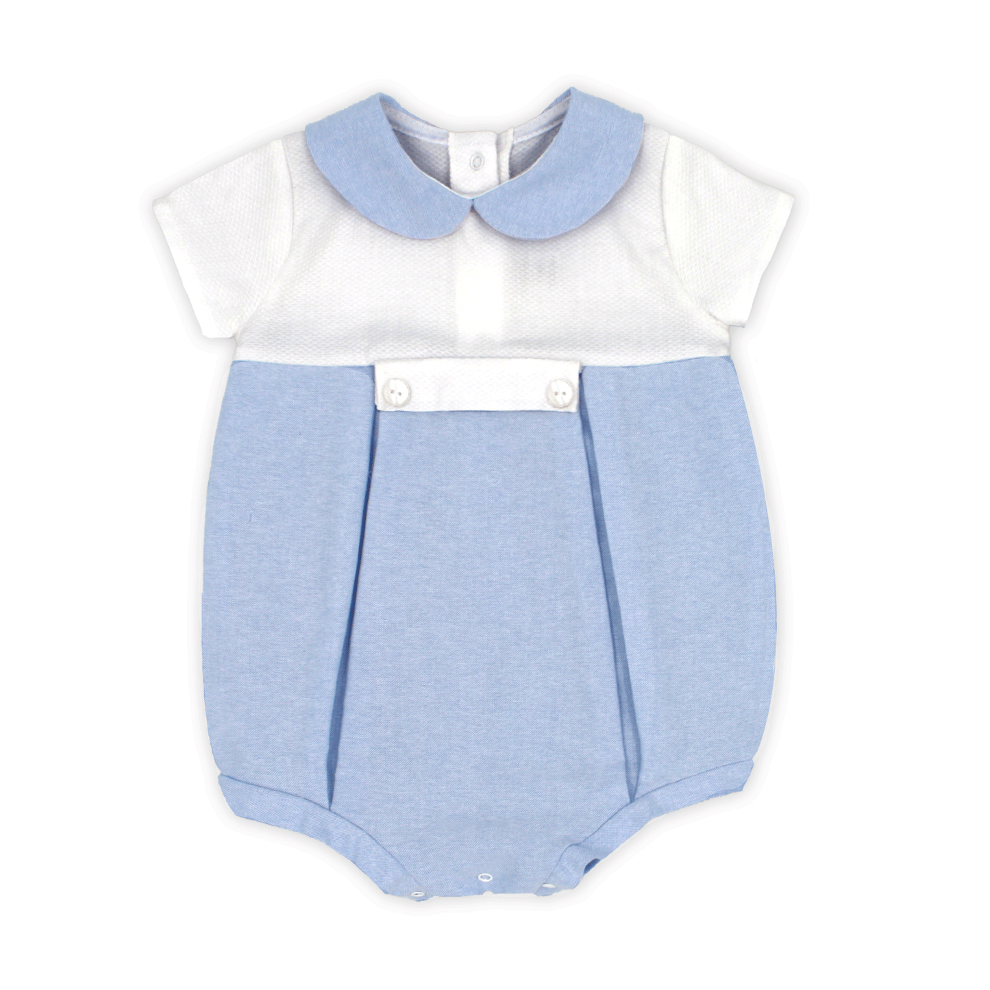 Blue and white baby romper with a collar on a white background