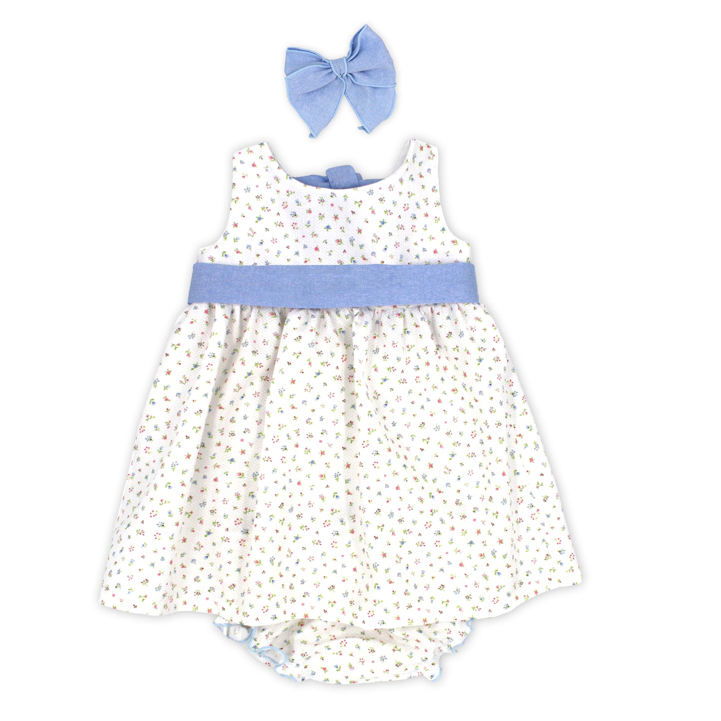 Rapife Floral Baby Dress & Knickers Set with Blue Bow Headband