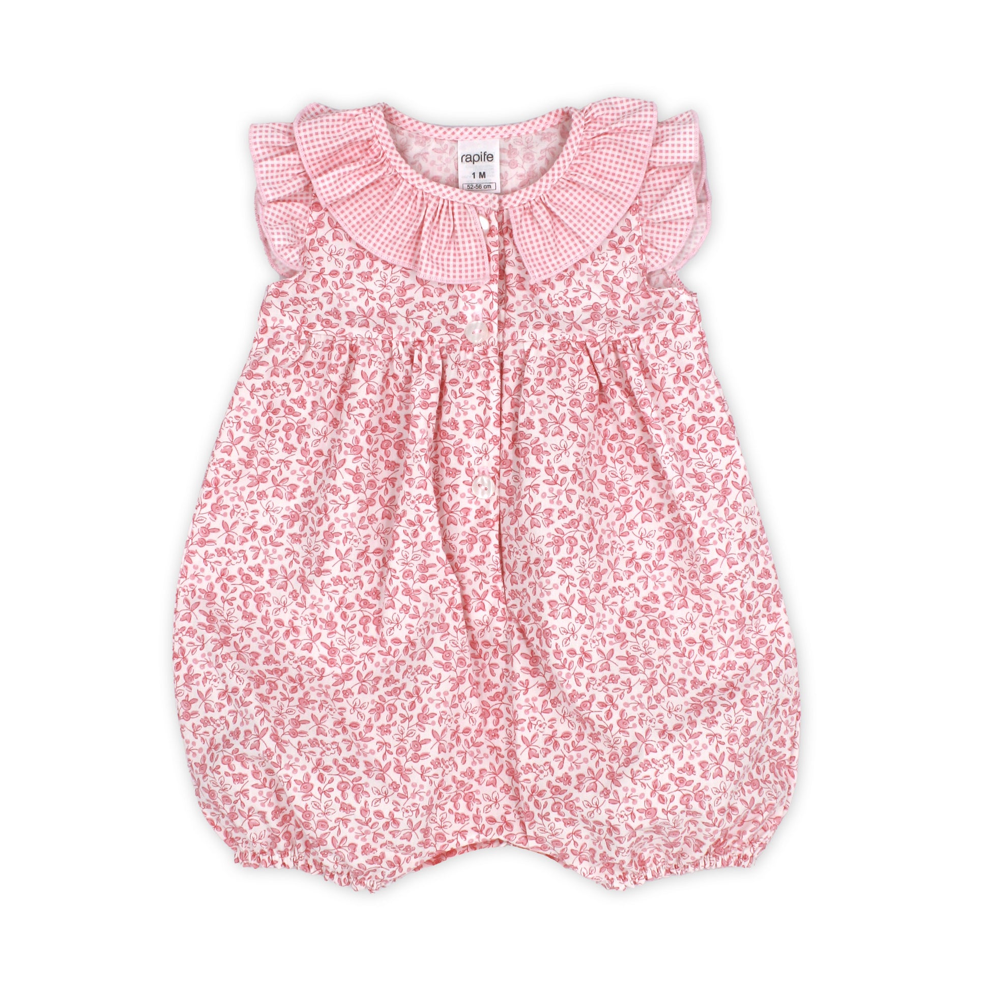 Pink floral baby romper with ruffled collar on a white background