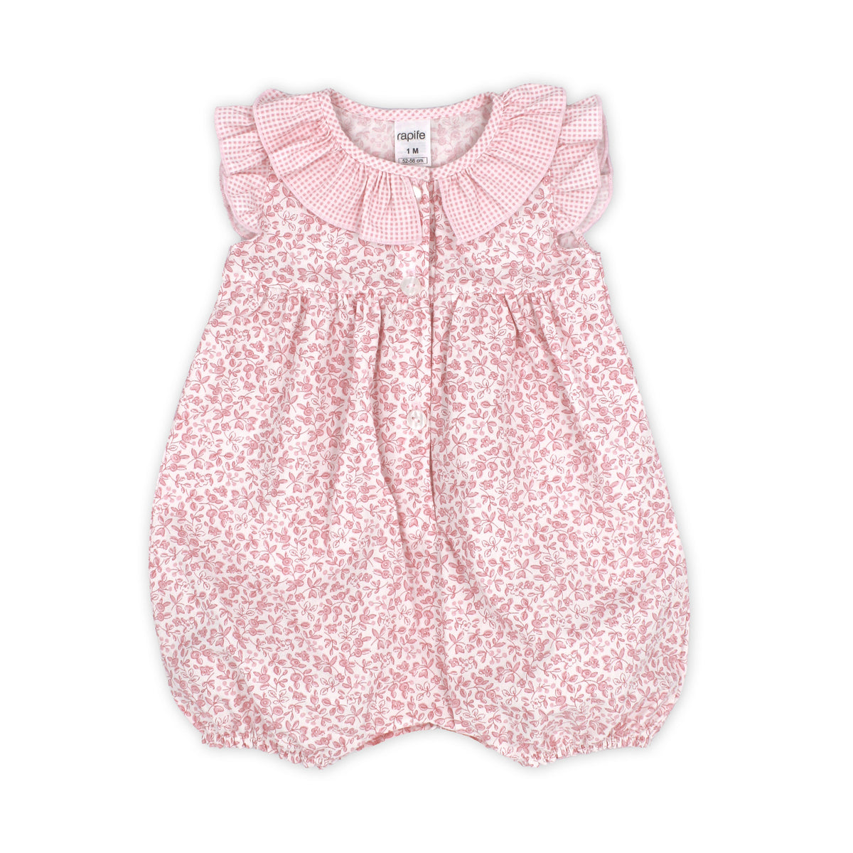 A pink and white gingham and floral print baby romper with ruffled shoulders, photographed flat on a white background.