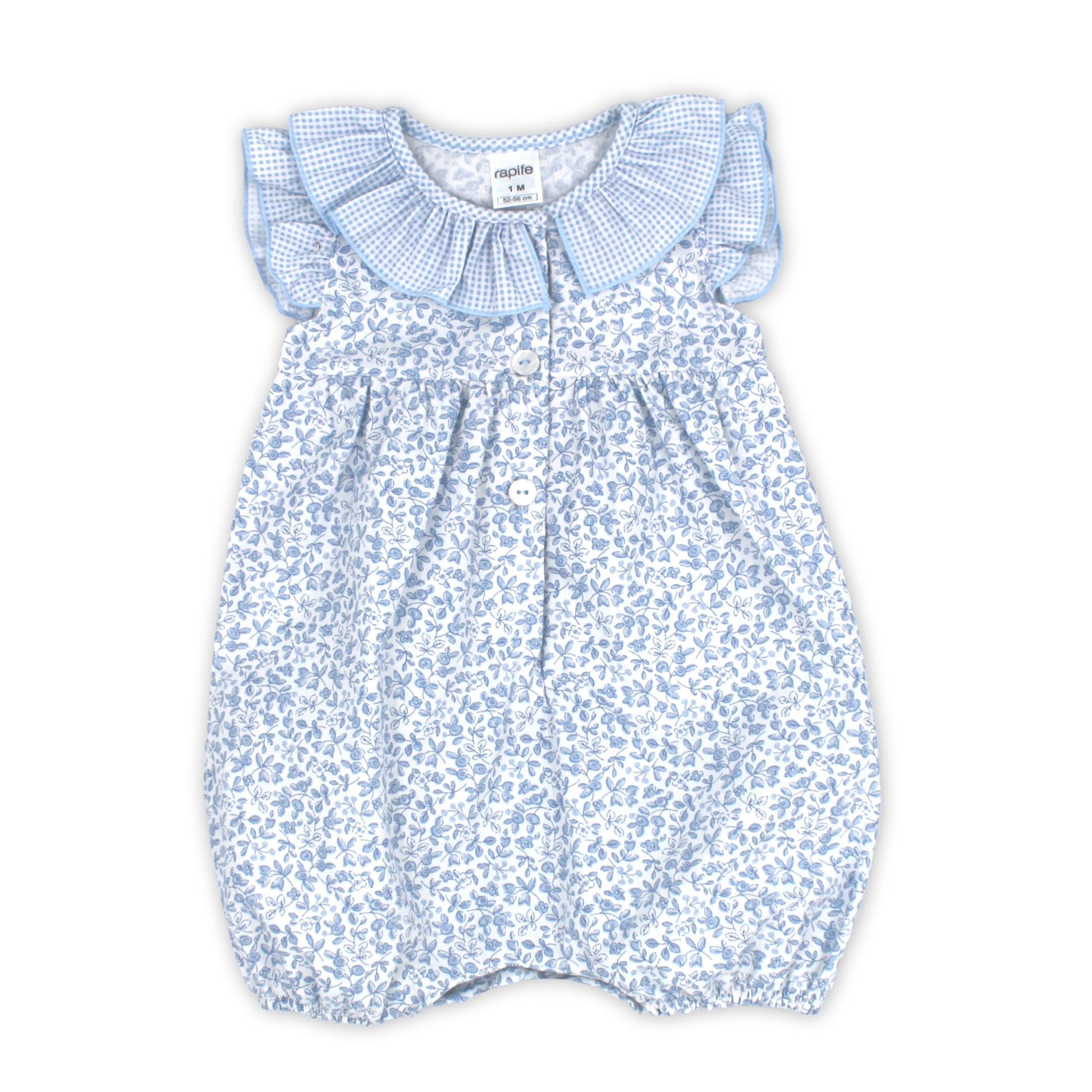 Baby romper with blue floral pattern and checkered collar on a white background